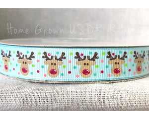 Rudolph Faces - Light Blue - 5/8 Inch USDR Ribbon