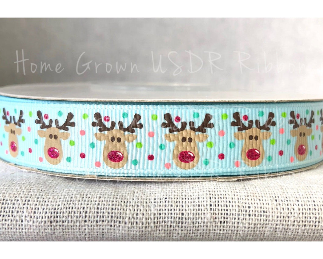 Rudolph Faces - Light Blue - 5/8 Inch USDR Ribbon
