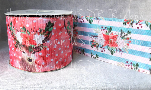 Deer Antler Poinsettia Christmas Winter USDR Ribbon