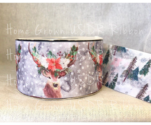 Deer Poinsettia Double Sided USDR Ribbon