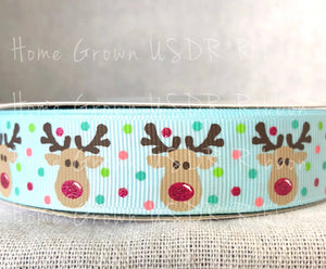 Rudolph Faces - Light Blue - 5/8 Inch USDR Ribbon