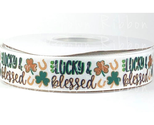 Lucky & Blessed Leopard Shamrock USDR Ribbon St. Patty's Day - 7/8 Inch
