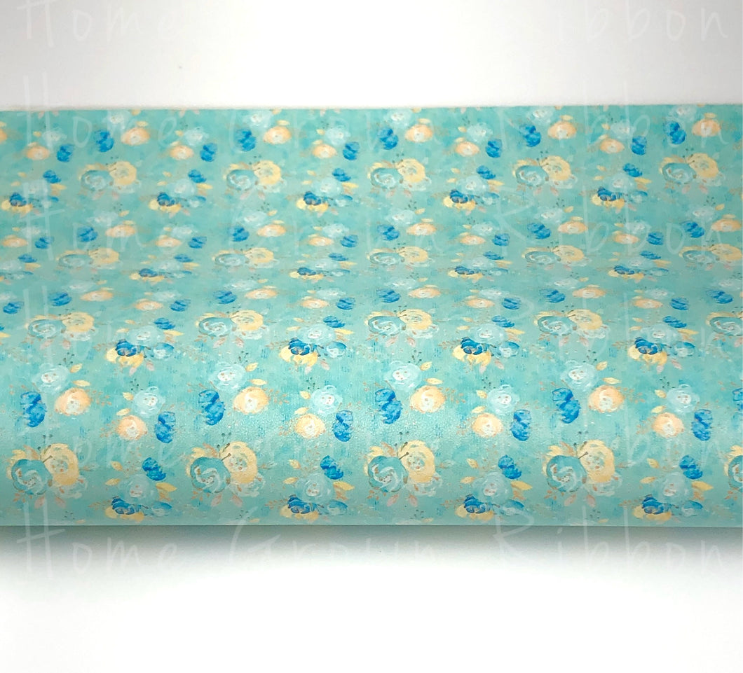 Mint Floral on Teal Synthetic Leather Sheet USDR