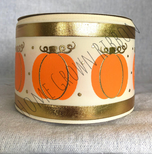 Gold Foil Pumpkins 3 Inch USDR Ribbon - Cream