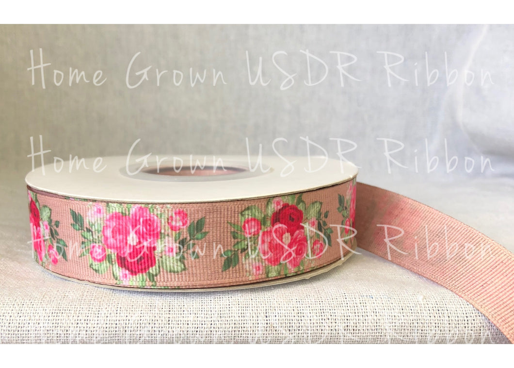 Pink Roses Burlap Double Sided USDR Ribbon - 7/8 Inch