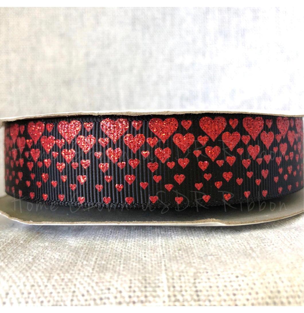 Red Glitter Hearts on Black - USDR Ribbon - 7/8 Inch