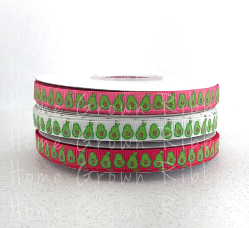 Bitty Avocado USDR 3/8 Inch Grosgrain Ribbon - Pink - White - Avocado Collection