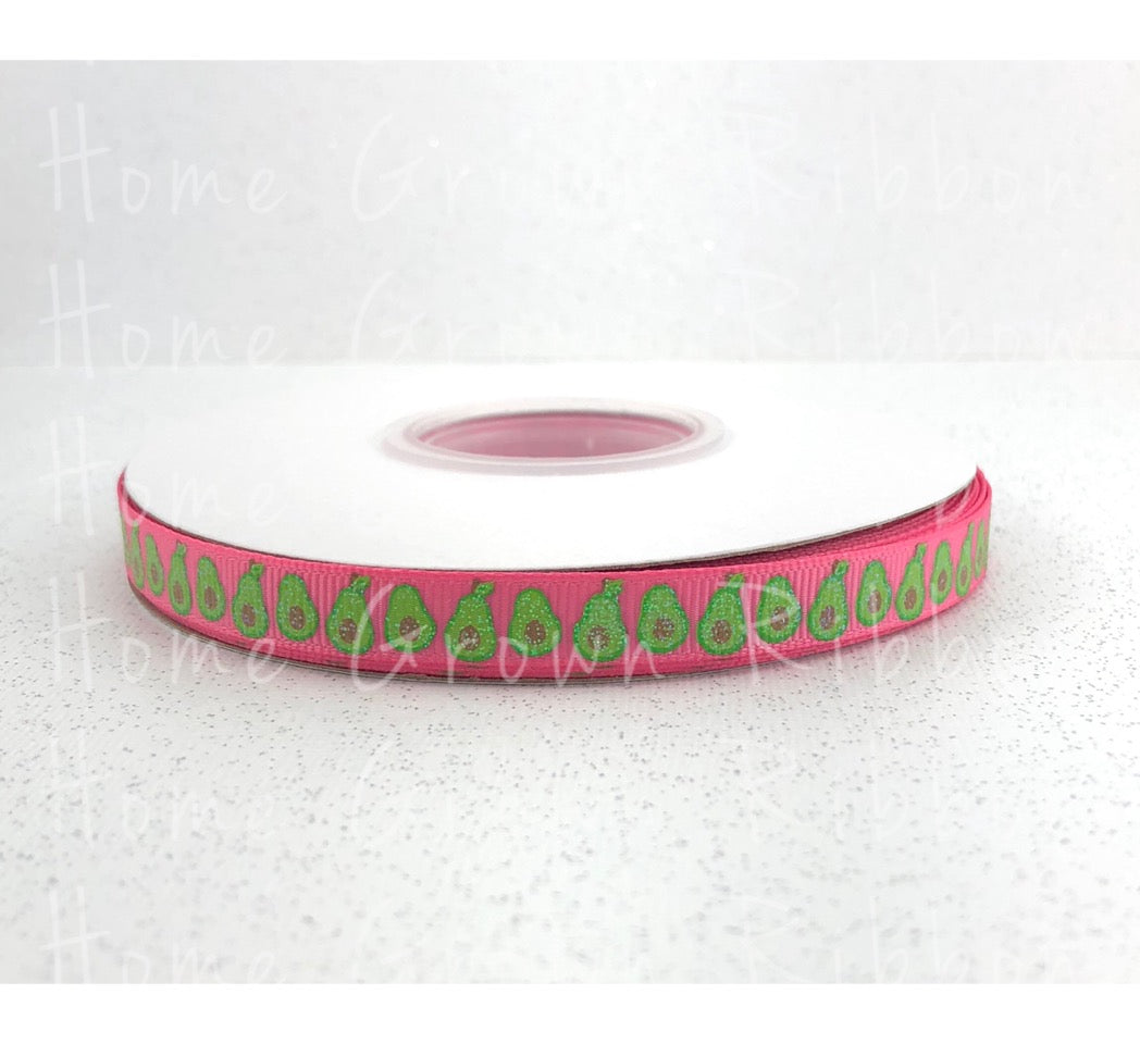 Bitty Avocado USDR 3/8 Inch Grosgrain Ribbon - Pink - White - Avocado Collection