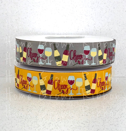 Wine 7/8 Inch USDR Grosgrain Ribbon - Yellow - Gray - Cocktails Collection