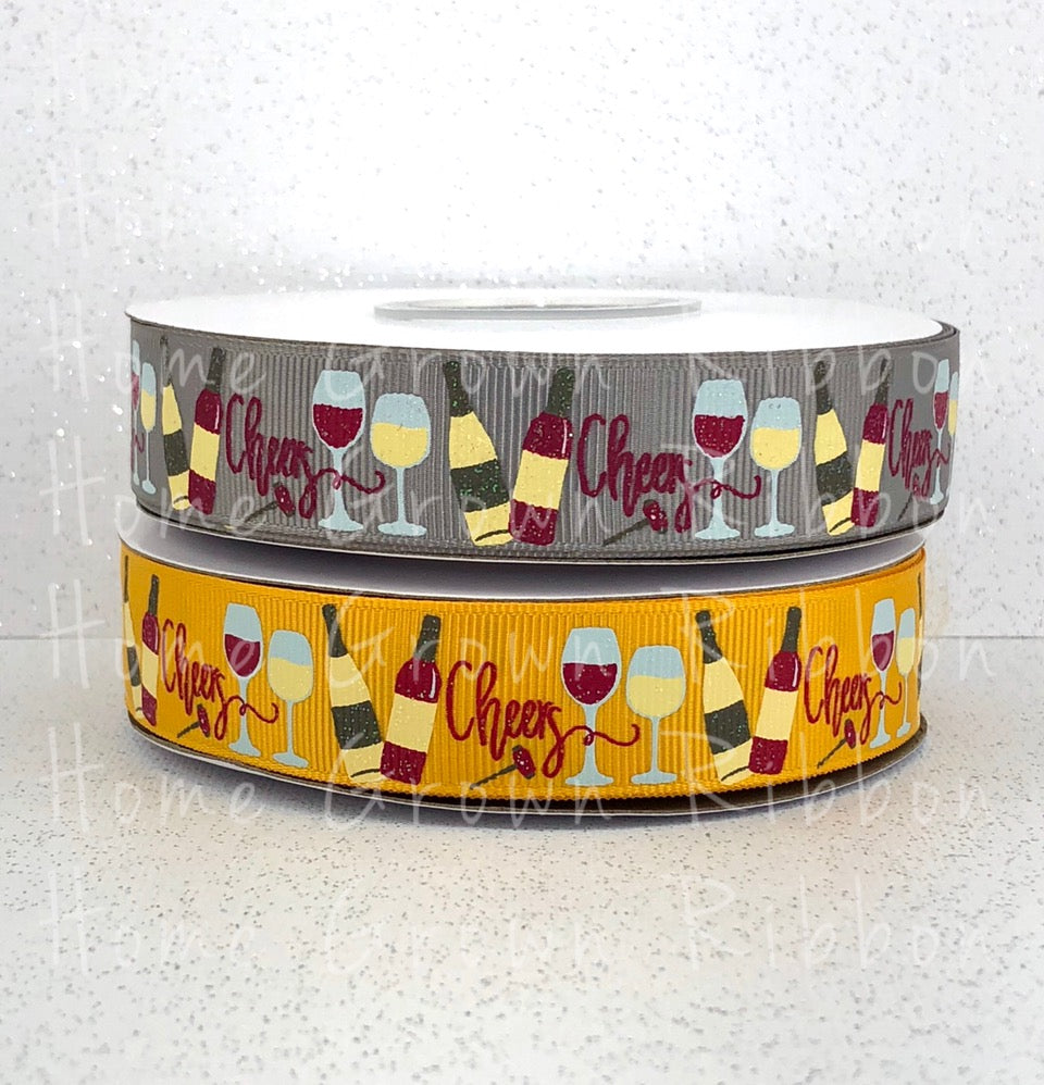 Wine 7/8 Inch USDR Grosgrain Ribbon - Yellow - Gray - Cocktails Collection