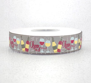Wine 7/8 Inch USDR Grosgrain Ribbon - Yellow - Gray - Cocktails Collection