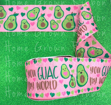 Load image into Gallery viewer, Avocado Heart &quot;Guac My World&quot; Double Faced USDR Grosgrain Ribbon Pink 3 Inch
