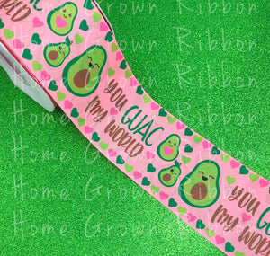 Avocado Heart "Guac My World" Double Faced USDR Grosgrain Ribbon Pink 3 Inch