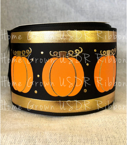 Gold Foil Pumpkins 3 Inch USDR Ribbon - Black