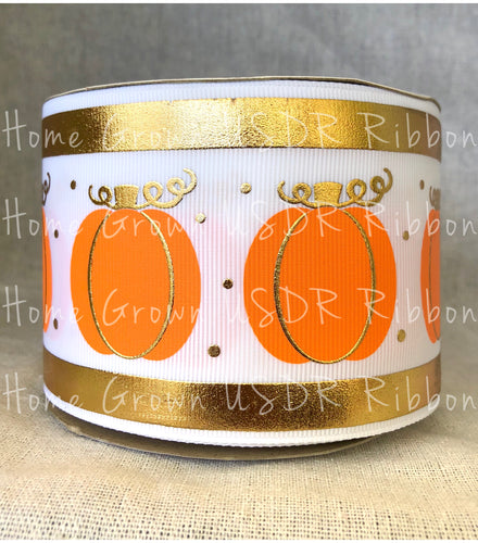 Gold Foil Pumpkins 3 Inch USDR Ribbon - White