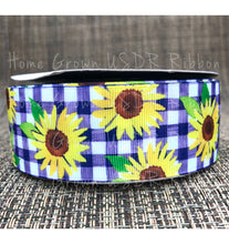 Load image into Gallery viewer, Sunflower on Blue Gingham Grosgrain Ribbon  1.5 Inch - 3 Inch