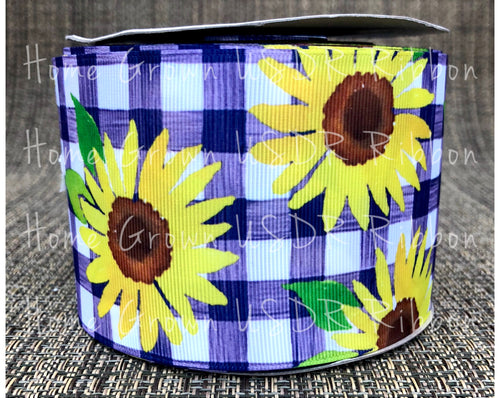 Sunflower on Blue Gingham Grosgrain Ribbon  1.5 Inch - 3 Inch