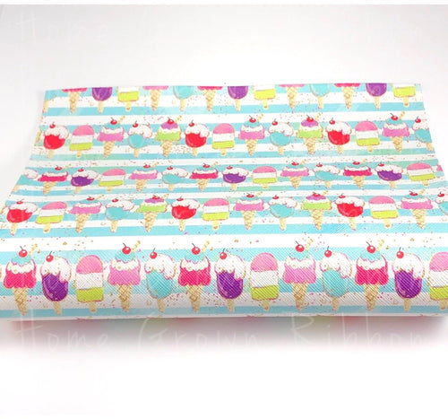 Ice Cream & Popsicles on Blue Stripes Faux Leather Sheets