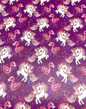Load image into Gallery viewer, Unicorns and Flamingos on Purple Faux Leather Sheet