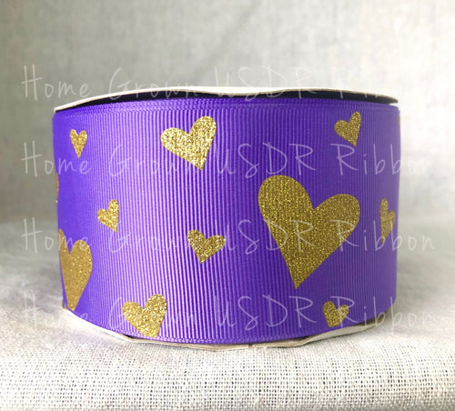 Gold Glitter Hearts on Purple Grosgrain Ribbon - USDR - 2.25 Inch - 3 Inch