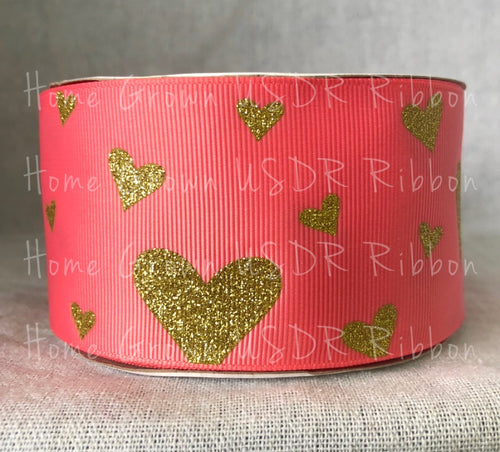 Gold Glitter Hearts on Watermelon Grosgrain Ribbon - USDR - 2.25 Inch - 3 Inch