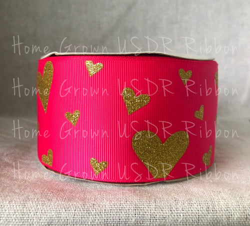 Gold Glitter Hearts on Shocking Pink Grosgrain Ribbon - USDR - 2.25 Inch - 3 Inch