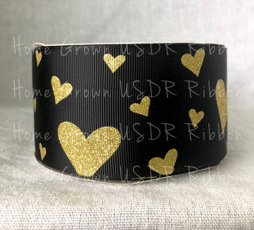 Gold Glitter Hearts on Black Grosgrain Ribbon - USDR - 3 Inch