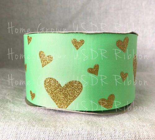 Gold Glitter Hearts on Mint Grosgrain Ribbon - USDR - 2.25 Inch - 3 Inch
