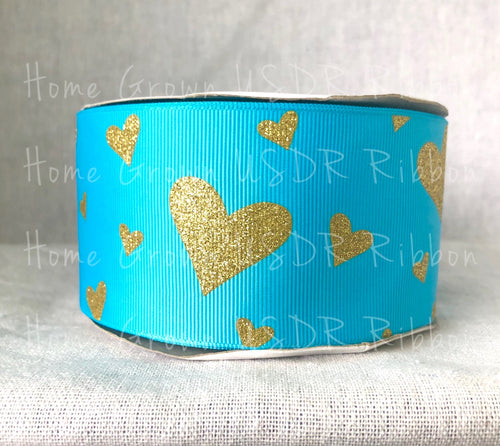 Gold Glitter Hearts on Turquoise Grosgrain Ribbon - USDR - 2.25 Inch - 3 Inch