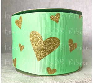 Gold Glitter Hearts on Mint Grosgrain Ribbon - USDR - 2.25 Inch - 3 Inch