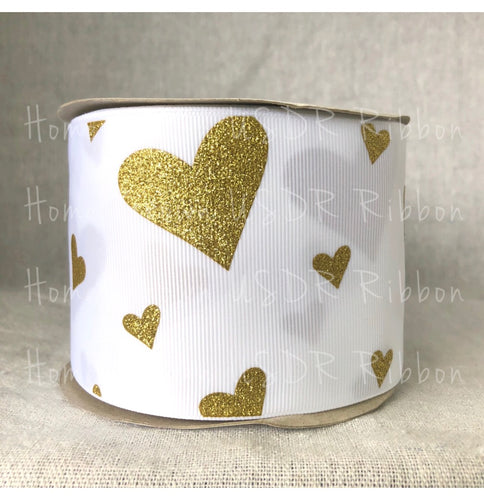 Gold Glitter Hearts on White Grosgrain Ribbon - USDR - 3 Inch