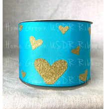Load image into Gallery viewer, Gold Glitter Hearts on Turquoise Grosgrain Ribbon - USDR - 2.25 Inch - 3 Inch