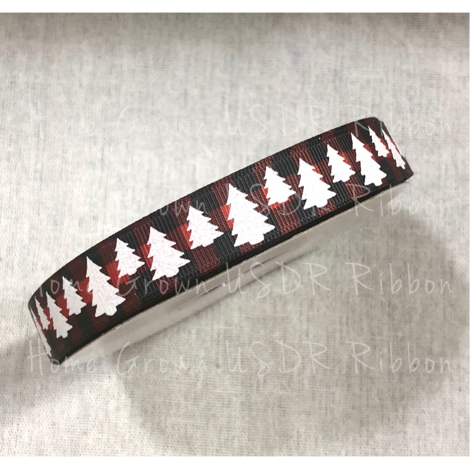 Christmas Trees on Red Buffalo Plaid Double Sided Ribbon