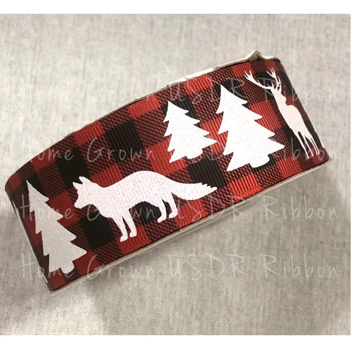 Animals on Red Buffalo Plaid Double Sided Ribbon