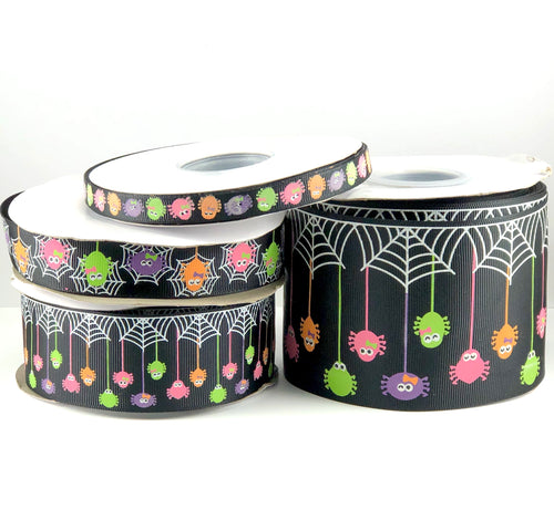 Glow in the Dark Spiders USDR Halloween Ribbon - 3/8 Inch - 7/8 Inch - 1.5 Inch - 3 Inch