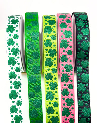 Green Glitter Shamrocks USDR St. Patricks Day USDR Ribbon - 7/8 Inch
