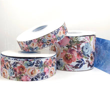Load image into Gallery viewer, Rustic Roses with Denim Back Glitter Sparkles Double Sided USDR Grosgrain Ribbon - 7/8&quot; - 1.5&quot; - 3&quot;