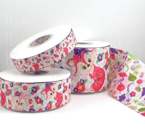 Floral Foxes Glitter Sparkles Double Sided USDR Grosgrain Ribbon 5/8