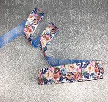 Load image into Gallery viewer, Rustic Roses with Denim Back Glitter Sparkles Double Sided USDR Grosgrain Ribbon - 7/8&quot; - 1.5&quot; - 3&quot;