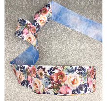 Load image into Gallery viewer, Rustic Roses with Denim Back Glitter Sparkles Double Sided USDR Grosgrain Ribbon - 7/8&quot; - 1.5&quot; - 3&quot;